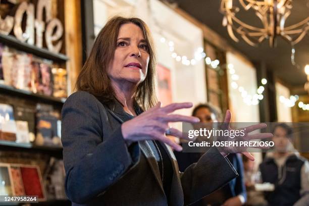 Presidential hopeful Marianne Williamson campaigns at a coffee shop in Portsmouth, New Hampshire, on March 9, 2023.
