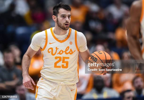 Tennessee Volunteers guard Santiago Vescovi brings the ball up court during an SEC Mens Basketball Tournament game between the Tennessee Volunteers...