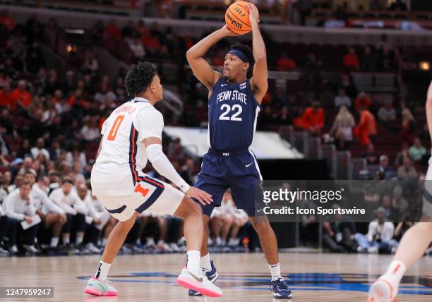 Penn State Nittany Lions guard Jalen Pickett looks to pass the ball during the first half of the second round of the Big Ten Conference Men's...