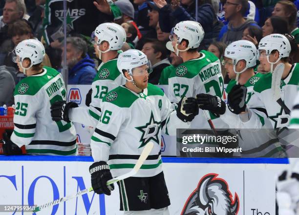 Joe Pavelski of the Dallas Stars celebrates his first period goal against the Buffalo Sabres during an NHL game on March 9, 2023 at KeyBank Center in...