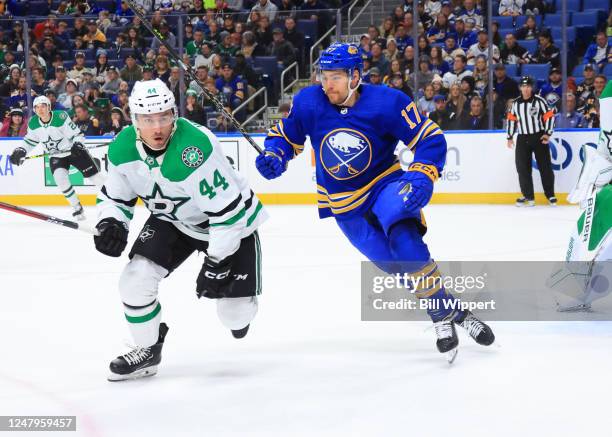 Joel Hanley of the Dallas Stars and Tyson Jost of the Buffalo Sabres follow play during an NHL game on March 9, 2023 at KeyBank Center in Buffalo,...