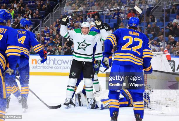 Ryan Suter of the Dallas Stars celebrates his second period goal against Eric Comrie of the Buffalo Sabres during an NHL game on March 9, 2023 at...