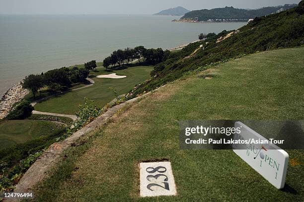 General view of the par 3, 17th hole during practice for the Macau Open at Macau Golf & Country Club on September 13, 2011 in Macao.