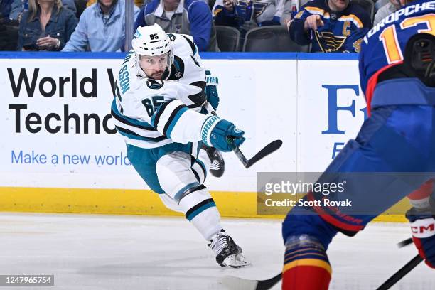 Erik Karlsson of the San Jose Sharks takes a shot against the St. Louis Blues at the Enterprise Center on March 9, 2023 in St. Louis, Missouri.