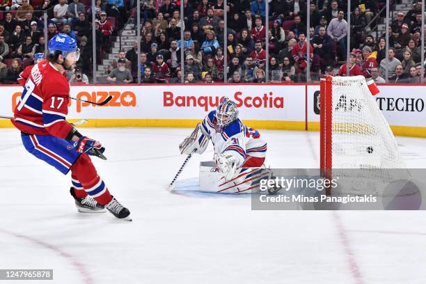 Josh Anderson of the Montreal Canadiens scores on goaltender Igor Shesterkin of the New York Rangers during the second period at Centre Bell on March...