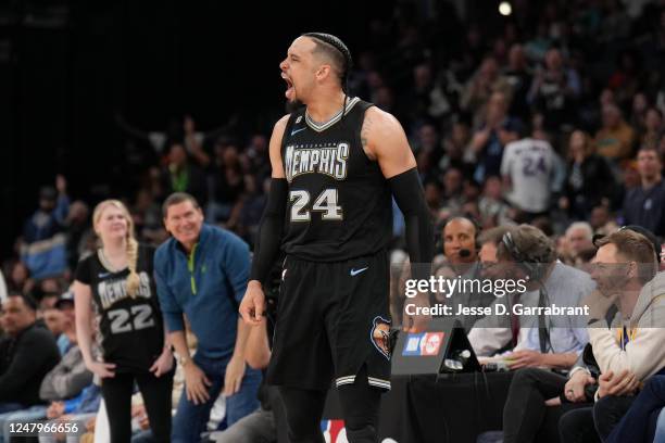 Dillon Brooks of the Memphis Grizzlies looks on during the game against the Golden State Warriors on March 9, 2023 at FedExForum in Memphis,...