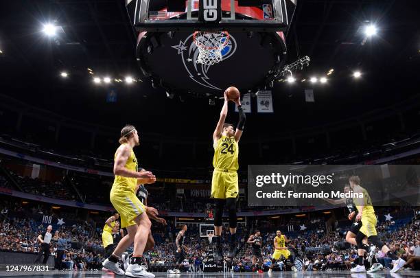 Walker Kessler of the Utah Jazz rebounds the ball during the game against the Orlando Magic on March 9, 2023 at Amway Center in Orlando, Florida....