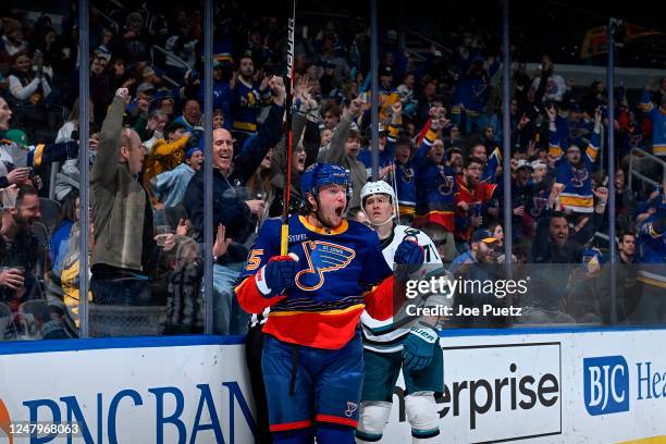 Jakub Vrana of the St. Louis Blues reacts after scoring a goal against the San Jose Sharks at the Enterprise Center on March 9, 2023 in St. Louis,...