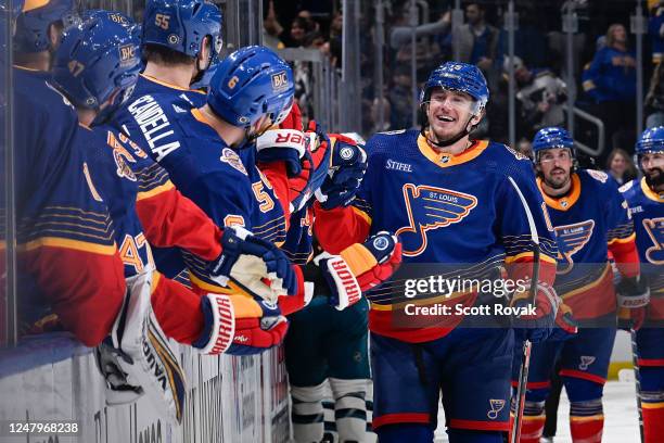 Jakub Vrana of the St. Louis Blues is congratulated after scoring a goal against the San Jose Sharks at the Enterprise Center on March 9, 2023 in St....