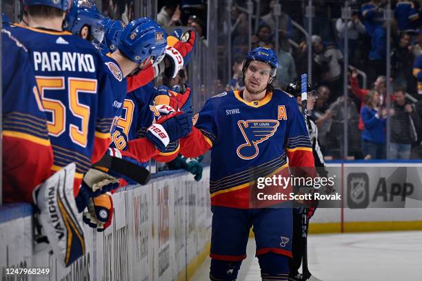 Robert Thomas of the St. Louis Blues is congratulated after scoring a goal against the San Jose Sharks at the Enterprise Center on March 9, 2023 in...