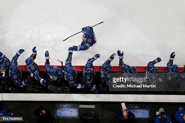 Members of the Colorado Avalanche celebrate a goal against the Los Angeles Kings at Ball Arena on March 9, 2023 in Denver, Colorado. The Kings...