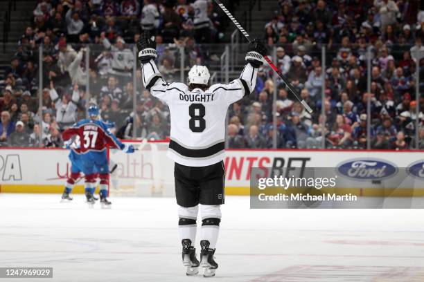 Drew Doughty of the Los Angeles Kings celebrates a goal against the Colorado Avalanche at Ball Arena on March 9, 2023 in Denver, Colorado.