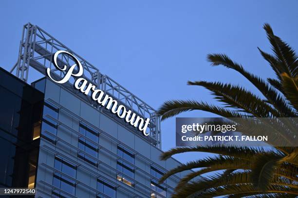 The Paramount logo is displayed at Columbia Square along Sunset Blvd in Hollywood, California on March 9, 2023.