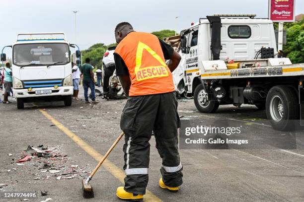 Rescue worker seeing up debris on March 06, 2023 in Umhlanga, South Africa. It is reported that many people were injured when a truck ploughed into...