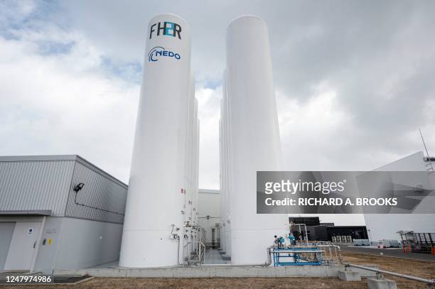 This photo taken on February 15, 2023 shows a section of the hydrogen storage and supply facilities at the "Fukushima Hydrogen Energy Research Field"...