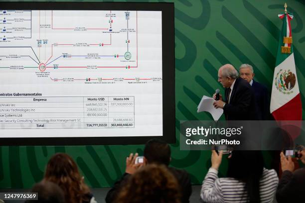 Pablo Gomez , head of the Financial Intelligence Unit, accompanies Andres Manuel Lopez Obrador , President of Mexico, during a press conference at...