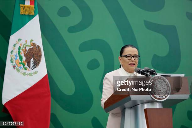 Rosa Isela Rodriguez, Secretary of Public Security and Citizenship of Mexico, accompanies Andres Manuel Lopez Obrador, President of Mexico, during a...