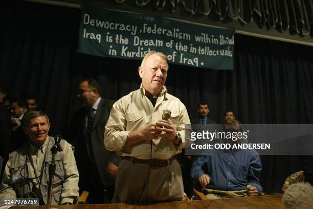 Retired US general Jay Garner, Director of the office of reconstruction and humanitarian assistance to Iraq, addresses students during his visit to...