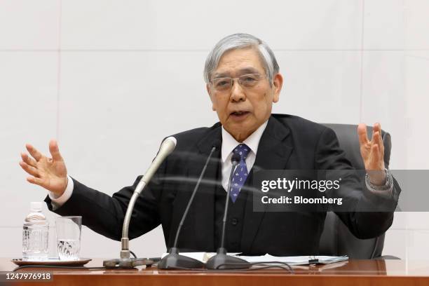 Haruhiko Kuroda, governor of the Bank of Japan , speaks during a news conference at the central bank's headquarters in Tokyo, Japan, on March 10,...