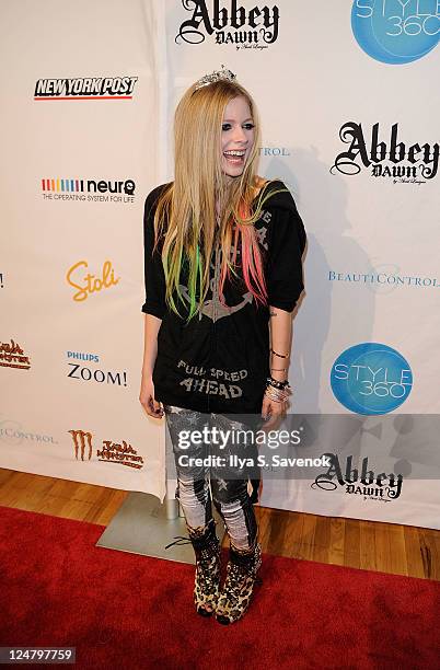 Singer Avril Lavigne attends the Abbey Dawn by Avril Lavigne Spring 2012 fashion show during Style360 at the Metropolitan Pavilion on September 12,...