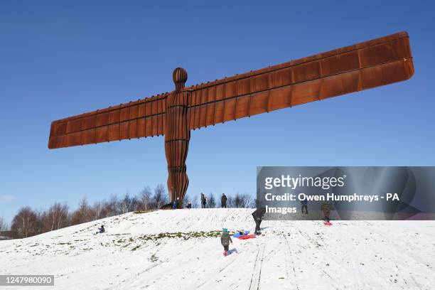 Antony Gormley's Angel of the North sculpture in the snow, at Gateshead, Tyne and Wear. Picture date: Friday March 10, 2023.