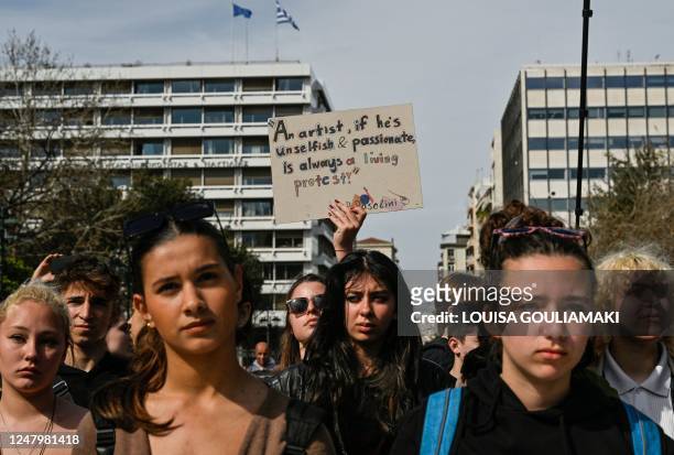 High schools students gather in front of the Greek parliament during a protest organised by music and art schools over the country's worst rail...