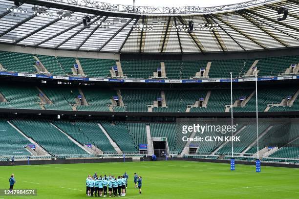 England's rugby team players gather as they attend the captain's run at the Twickenham Stadium, in London, on March 10 ahead of the Six Nations rugby...