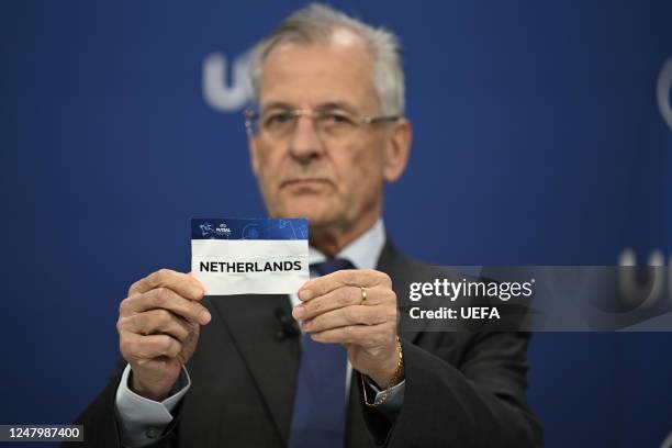 Head of Youth & Futsal Competitions Claudio Negroni draws the card for the Netherlands during the UEFA Futsal World Cup 2024 Main Round Play-offs...