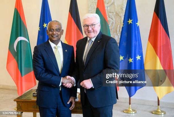 March 2023, Berlin: German President Frank-Walter Steinmeier welcomes Ibrahim Mohamed Solih, President of the Republic of Maldives, for talks at...