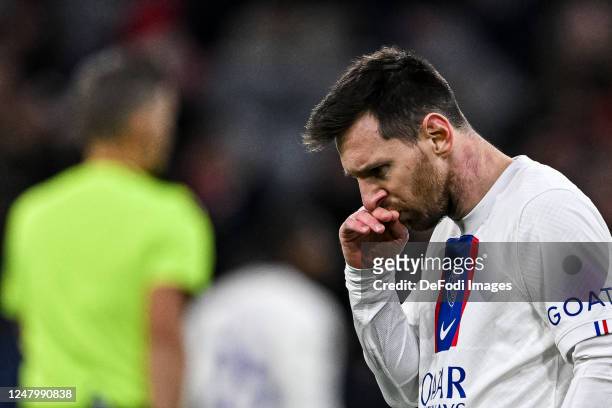 Lionel Messi of Paris Saint-Germain looks dejected, gestikuliert, gestik during the UEFA Champions League round of 16 leg two match between FC Bayern...