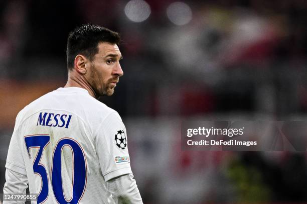 Lionel Messi of Paris Saint-Germain Looks on during the UEFA Champions League round of 16 leg two match between FC Bayern München and Paris...