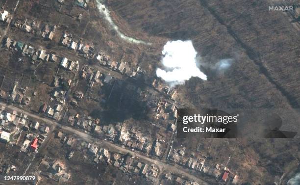 Maxar satellite imagery showing a large smoke flume just after a recetly dropped ordinance exploded on a home in southern Bakhmut, Ukraine. Please...