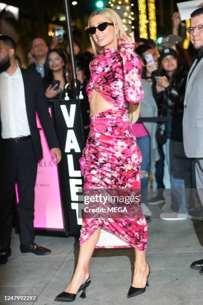 Paris Hilton is seen leaving Miley Cyrus Record Release Party on March 9, 2023 in Beverly Hills, California.