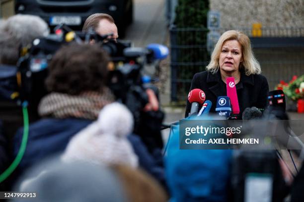 German Interior Minister Nancy Faeser speaks to the press at the tatort where several people were killed in a church in a shooting the previous night...