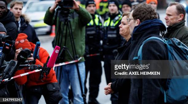 German Interior Minister Nancy Faeser reacts as she speaks to the press during her visit with Hamburg's Interior Senator Andy Grote at the tatort...