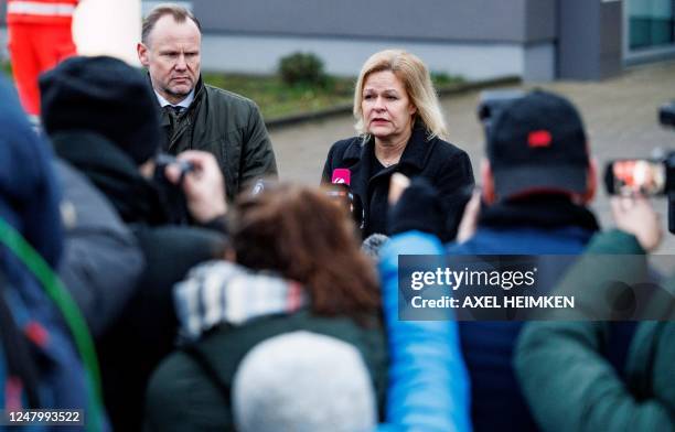 German Interior Minister Nancy Faeser speaks to the press during her visit with Hamburg's Interior Senator Andy Grote at the tatort where several...