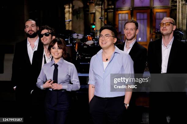 Jenna Ortega, The 1975 Episode 1841 -- Pictured: Ross MacDonald, Matty Healy, Adam Hann of of musical guest The 1975, Jenna Ortega, and Bowen Yang in...