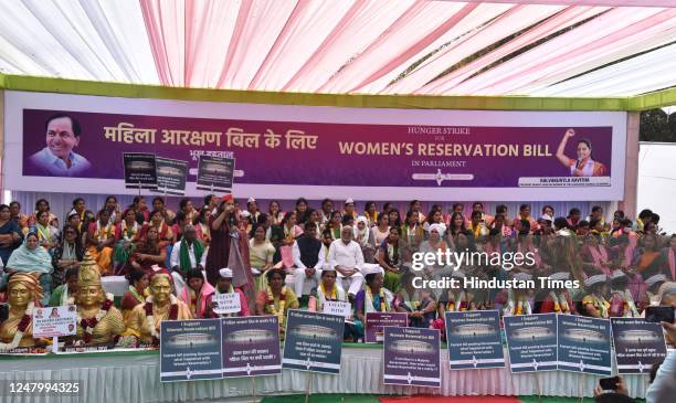 Bharat Rashtra Samithi leader K. Kavitha during a hunger strike seeking early passage of the Womens Reservation Bill, at Jantar Mantar on March 10,...