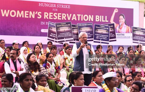 Sitaram Yechury General Secretary of the Communist Party of India addressing gathering during hunger strike by Bharat Rashtra Samithi leader K...