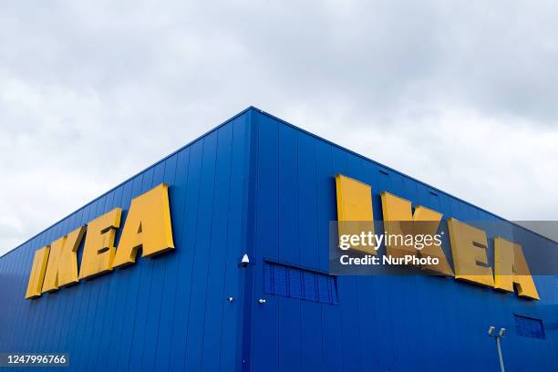 Ikea logos are seen on the shop in Krakow, Poland on March 9, 2023.