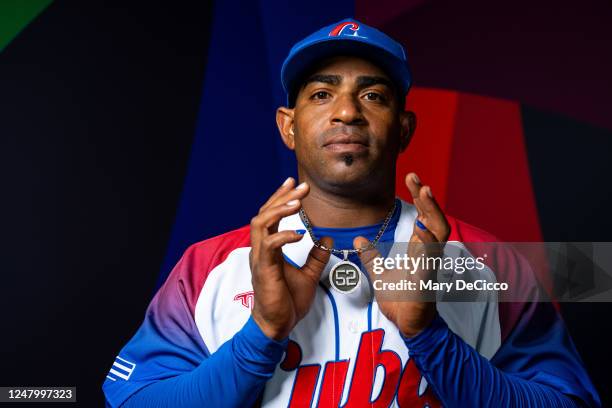 Yoenis Cespedes of Team Cuba poses for a photo during the 2023 WBC Workout Day Taichung at University Field on Tuesday, March 7, 2023 in Taichung,...