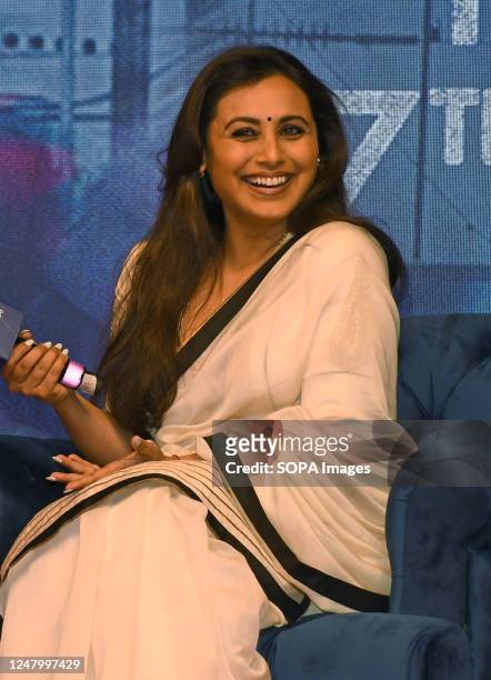 Bollywood actress Rani Mukerji laughs during a discussion of her upcoming film 'Mrs Chatterjee Vs Norway' at Yash Raj studio in Mumbai. The film will...