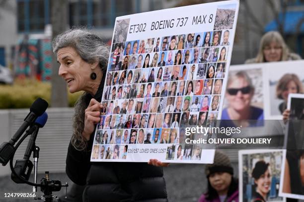 Nadia Milleron, whose daughter Samya Stuno died in the Boeing 737 MAX crash in Ethiopia on March 10 speaks during a memorial protest in front of...