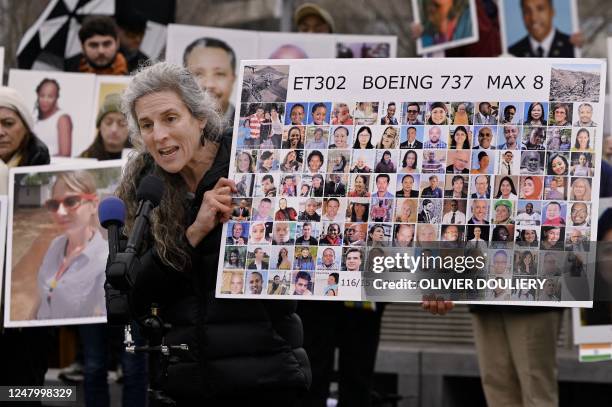 Nadia Milleron, whose daughter Samya Stuno died in the Boeing 737 MAX crash in Ethiopia on March 10 speaks during a memorial protest in front of...
