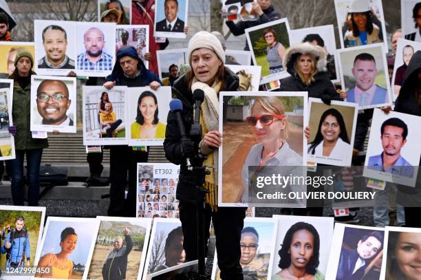 Catherine Berthet whose daughter Camille Geoffroy died in the Boeing 737 MAX crash in Ethiopia on March 10 speaks during a memorial protest in front...