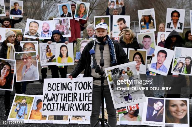Chris Moore from Toronto, whose daughter Danielle Moore died in the Boeing 737 MAX crash in Ethiopia on March 10 speaks during a memorial protest in...