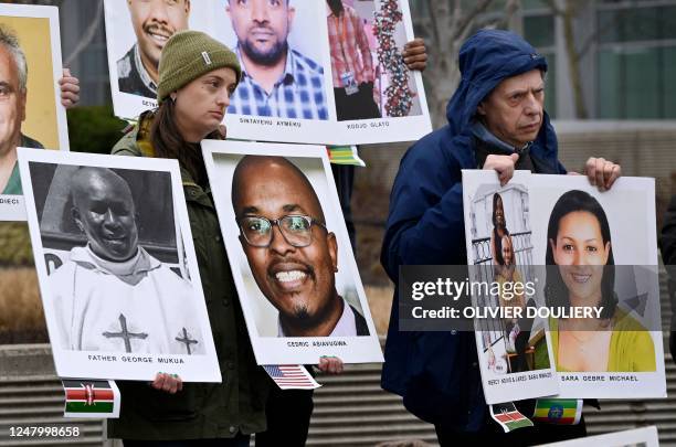 Families and friends who lost loved ones in the March 10 Boeing 737 Max crash in Ethiopia, hold a memorial protest in front of the Boeing...