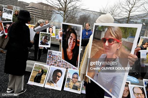 Families and friends who lost loved ones in the March 10 Boeing 737 Max crash in Ethiopia, hold a memorial protest in front of the Boeing...