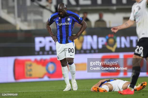 Romelu Menama Lukaku Bolingoli of FC Internazionale reacts during the Serie A match between Spezia Calcio and FC Internazionale at Stadio Alberto...