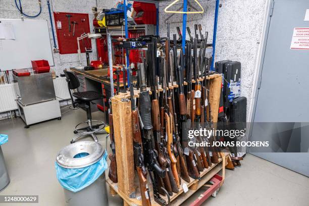 Rack of guns is seen during a visit to the new building for the National Institute of Criminalistics and Criminology NICC - INCC in Brussels on...